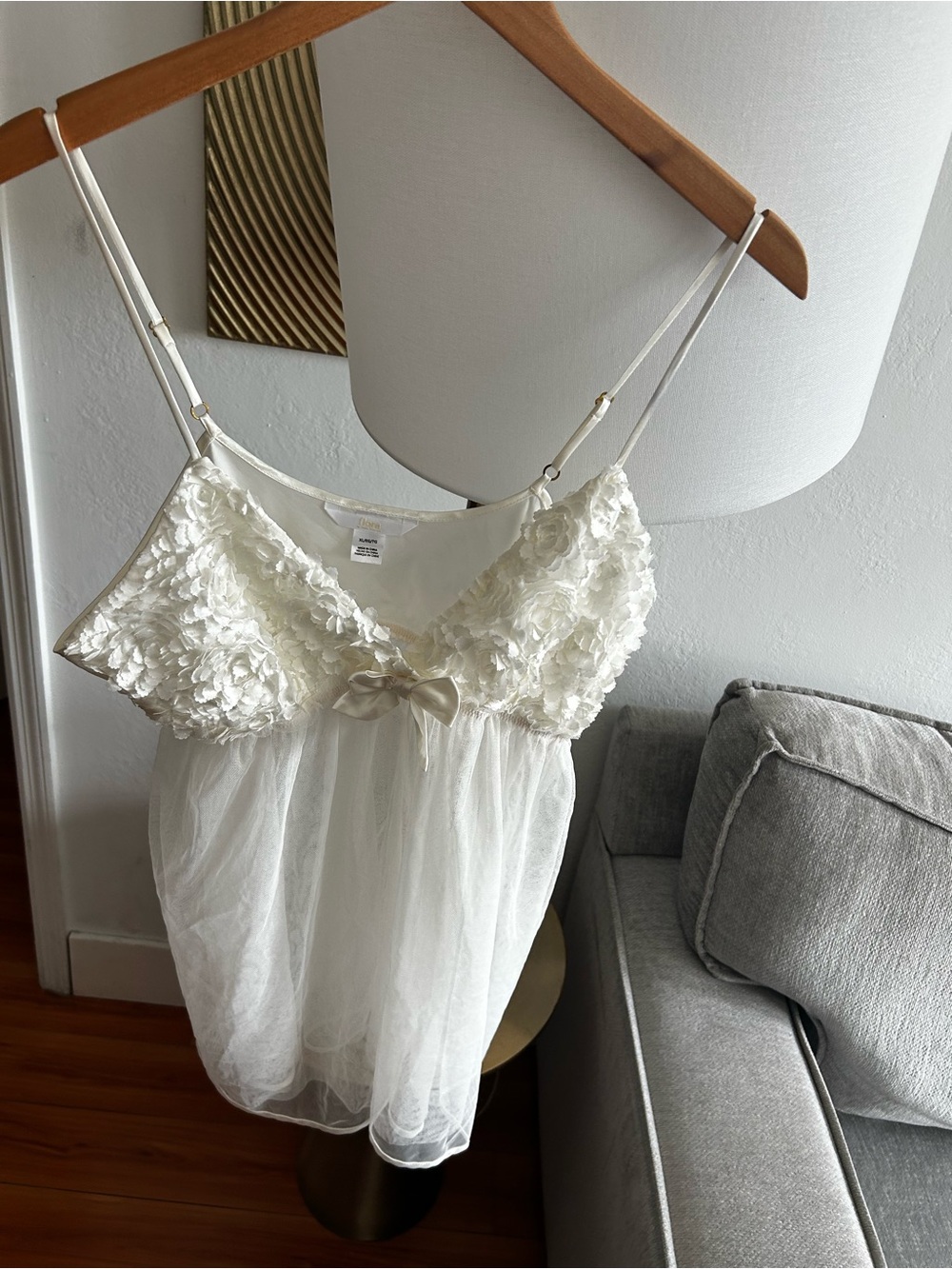 Vtg Y2K Flora Floral Lace Mesh Babydoll Top Cami Dress Nightie Fairy XL Ivory